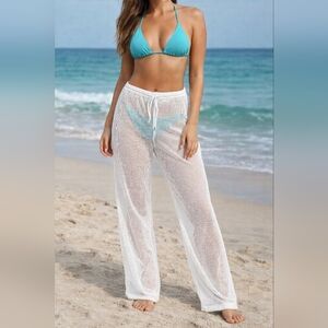 White Knit Mesh Swimsuit Cover Up Pants – Sheer Beach Cover Up, Boho Lightweight